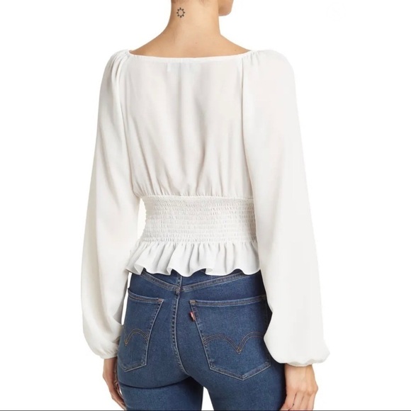 NWT WAYF Smocked Waist Ruffle Trim Raglan Long Sleeve Blouse White - Picture 2 of 4